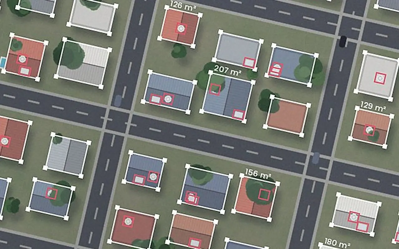 Illustrative roof analysis with segmented roof, 12 panels, a water tank obstacle and a tree shadow